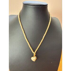 Vintage Gold-Tone Beaded Necklace With Heart Pendant & Textured Clasp